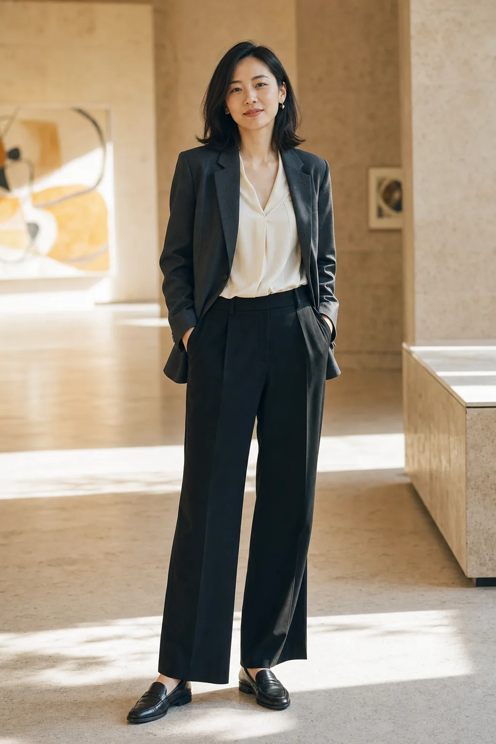 短发女性身穿炭灰西装、象牙缎面上衣、黑色阔腿裤和乐福鞋的完整穿搭