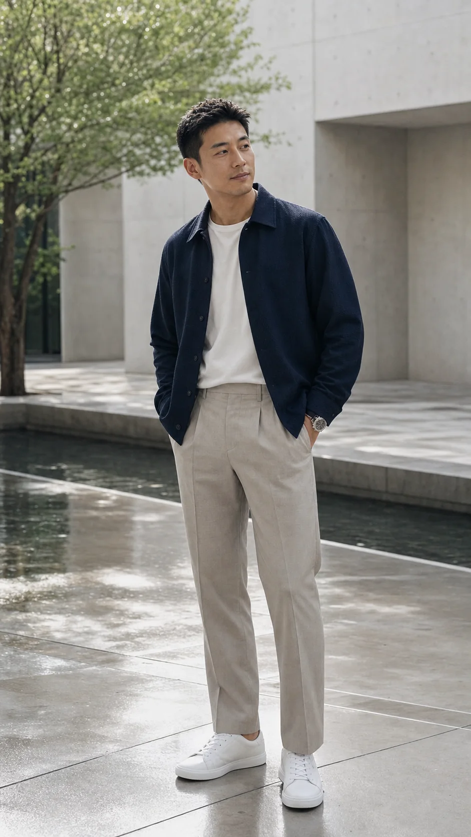 短发男性身穿深蓝外套、白色上衣、石色长裤和白色球鞋的完整穿搭